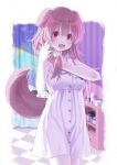  1girl 54hao :3 :d animal_ears bangs bare_arms bare_shoulders blurry blurry_background breasts brown_hair depth_of_field dog_ears dog_girl dog_tail dress fangs hair_between_eyes hands_up highres holding holding_hair hololive inugami_korone long_hair looking_at_viewer medium_breasts red_eyes sleeveless sleeveless_dress smile solo tail virtual_youtuber white_dress 