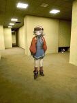  1girl ankle_boots apple apple_(reverse:1999) backrooms_(creepypasta) black_boots black_bow black_bowtie blue_neckerchief blue_skirt boots bow bowtie brown_eyes brown_hair ceiling ceiling_light food fruit full_body hat highres indoors jacket liminal_space miniskirt nats_(d0ughnats) neckerchief newsboy_cap open_clothes open_jacket open_mouth polka_dot_neckerchief red_jacket red_socks regulus_(reverse:1999) reverse:1999 short_hair skirt socks solo standing tile_ceiling tiles traditional_bowtie 