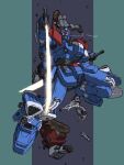  battle blue_destiny_02 blue_destiny_02_(modified) character_request chest_cannon commentary_request debris destruction dual_wielding energy_sword gm_(mobile_suit) gundam gundam_side_story:_the_blue_destiny holding holding_sword holding_weapon mecha mecha_focus misirabi07 missile_pod mobile_suit no_humans red_eyes robot science_fiction sword v-fin weapon wreckage zeon 