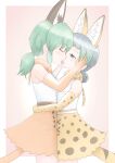 1boy 1girl absurdres animal_ear_fluff animal_ears bare_shoulders blue_eyes blush border bow bowtie caracal_(kemono_friends) caracal_(kemono_friends)_(cosplay) closed_eyes commentary_request cosplay elbow_gloves extra_ears facing_another french_kiss from_side gloves green_hair grey_hair half-closed_eyes hand_on_another's_face hand_on_another's_waist hands_on_another's_cheeks hands_on_another's_face hands_on_another's_head height_difference high-waist_skirt highres hug kaban_(kemono_friends) kemono_friends kemono_friends_2 kiss kyururu_(kemono_friends) long_hair looking_at_another multicolored_hair multiple_girls nodate orange_bow orange_bowtie orange_gloves pink_background ponytail print_bow print_bowtie print_gloves print_skirt saliva saliva_trail serval_(kemono_friends) serval_(kemono_friends)_(cosplay) shirt short_hair skirt sleeveless sleeveless_shirt tail tongue tongue_out twintails white_border white_shirt 