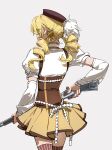  1girl absurdres blonde_hair brown_hat chen346810 chinese_commentary commentary_request corset cowboy_shot detached_sleeves drill_hair facing_away from_behind grey_background gun hat highres holding holding_gun holding_weapon magical_girl magical_musket_(madoka_magica) mahou_shoujo_madoka_magica mahou_shoujo_madoka_magica_(anime) medium_hair rifle shirt simple_background skirt solo standing tomoe_mami tomoe_mami_(magical_girl) twin_drills weapon white_shirt yellow_skirt 