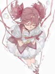  1girl absurdres air_bubble bound bound_wrists bow bubble bubble_skirt choker closed_eyes donggan_maotiao dress foreshortening gloves hair_bow hands_up highres kaname_madoka kaname_madoka_(magical_girl) kneehighs magical_girl mahou_shoujo_madoka_magica mahou_shoujo_madoka_magica_(anime) pink_dress pink_hair pink_ribbon puffy_short_sleeves puffy_sleeves red_choker ribbon short_hair short_sleeves short_twintails simple_background skirt socks solo soul_gem twintails white_background white_gloves white_socks 