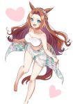  1girl :d alternate_costume animal_ears bare_arms bare_legs bikini blue_eyes breasts brown_hair collarbone commentary ear_ornament full_body heart highres holding_own_skirt horse_ears horse_tail kawakami_princess_(umamusume) long_hair looking_at_viewer medium_breasts mosu2 see-through_clothes see-through_skirt simple_background skirt smile solo swimsuit tail umamusume white_background white_bikini 