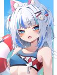  1girl absurdres alternate_costume animal_ears bare_shoulders bikini blue_background blue_bikini blue_eyes blue_nails blue_streaks blunt_bangs blush cat_ears commentary_request doom_yorusen dot_nose drooling gawr_gura grey_hair hair_intakes hair_ornament hairclip highres hololive lifebuoy looking_at_viewer midriff multicolored_hair open_mouth pillarboxed shark_girl sharp_teeth short_twintails solo standing streaked_hair swim_ring swimsuit teeth twintails upper_body virtual_youtuber wispy_bangs 