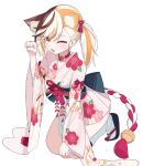  1girl animal_ear_fluff animal_ears bebetang bell black_hair blonde_hair choker commentary_request hair_ornament highres japanese_clothes jingle_bell kimono kimono_skirt kneeling korean_commentary long_sleeves multicolored_hair obi one_eye_closed open_mouth original sash simple_background solo tabi white_background white_hair yellow_eyes 