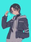  1boy adjusting_hair aqua_background black_hair black_jacket black_nails black_shirt celery_umeeee commentary ear_piercing grey_hoodie hair_ornament hairclip hand_in_pocket highres holostars hood hoodie jacket jacket_over_hoodie jewelry kanade_izuru kanade_izuru_(8th_costume) lightning_bolt_hair_ornament lightning_bolt_symbol long_hair male_focus mullet nail_polish necklace official_alternate_costume parted_bangs piercing purple_eyes shirt simple_background smile solo sparkle undershirt upper_body virtual_youtuber 