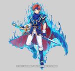  1boy armor binding_blade_(weapon) blue_armor blue_aura blue_boots blue_cape blue_eyes blue_gloves blue_tunic boots cape closed_mouth commentary_request emblem_(fire_emblem_engage) fingerless_gloves fire_emblem fire_emblem:_the_binding_blade fire_emblem_engage fire_emblem_heroes gloves headband holding holding_sword holding_weapon kuroi_susumu looking_at_viewer male_focus official_art pants red_cape red_hair roy_(fire_emblem) short_hair shoulder_armor smile sword tunic weapon white_pants 