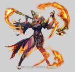  1girl armor asymmetrical_legwear black_armor black_gloves bodystocking breasts cleavage closed_mouth commentary_request covered_navel dark-skinned_female dark_skin eyepatch fighting_stance fire fire_emblem fire_emblem_heroes gloves gradient_hair green_hair hair_over_one_eye headpiece holding holding_scythe holding_weapon laegjarn_(fire_emblem) laegjarn_(flame_miracle)_(fire_emblem) large_breasts looking_at_viewer maeshima_shigeki medium_hair mismatched_legwear multicolored_hair official_alternate_costume official_alternate_hairstyle official_art orange_hair pelvic_curtain red_eyes scythe shoulder_armor single_thighhigh solo thighhighs thighs weapon 