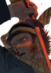  1boy blood blood_on_face blue_jacket golden_kamuy hat highres holding holding_sword holding_weapon jacket kepi looking_at_viewer male_focus military_hat nosebleed omimi_0505 peaked_cap scar scar_on_cheek scar_on_face scar_on_mouth scarf simple_background solo star_(symbol) sugimoto_saichi sword teeth upper_body weapon white_background yellow_scarf 