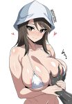  1boy 1girl absurdres areola_slip bikini blush breasts brown_eyes brown_hair closed_mouth collarbone commentary_request girls_und_panzer grabbing_another's_breast groping guided_breast_grab guiding_hand heart highres large_breasts long_hair looking_at_viewer micro_bikini mika_(girls_und_panzer) navel simple_background smile swimsuit tulip_hat unkai_daraku upper_body white_background white_bikini 