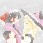  2girls black_hat black_vest blonde_hair bow brown_hair closed_eyes commentary detached_sleeves english_commentary enpera facing_another frilled_bow frilled_hair_tubes frills from_side gloves hair_bow hair_tubes hakurei_reimu hat hat_bow highres kirisame_marisa long_hair long_sleeves looking_at_another multiple_girls neat_ad4816 open_mouth pink_bow pink_gloves pink_scarf profile red_bow red_eyes scarf smile snow_on_headwear snowing touhou upper_body vest winter_clothes witch_hat yuri 