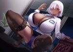  1girl absurdres black_thighhighs blue_necktie bra bracelet breasts chair collarbone collared_shirt commentary curvy dark_skin earrings fellatio_gesture garter_straps highres huge_breasts indoors jewelry long_sleeves looking_at_viewer miniskirt name_tag napaya necktie office office_chair office_lady open_clothes open_shirt original panties pubic_hair pubic_hair_peek purple_bra purple_eyes purple_panties secretary shirt sitting sitting_on_table skindentation skirt solo squatting steaming_body sweat swivel_chair tan thighhighs thighs toes underwear white_hair window 