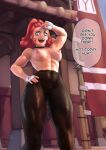  1girl 606mog abs biceps breasts cameltoe english_text fingerless_gloves gloves lipstick looking_down makeup medium_breasts muscular muscular_female pokemon pokemon_(game) pokemon_legends:_arceus red_hair speech_bubble sweat thick_thighs thighs topless zisu_(pokemon) 