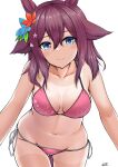  1girl absurdres animal_ears blue_eyes breasts collarbone flower hair_between_eyes hair_flaps hair_flower hair_ornament highres horse_ears horse_girl horse_tail medium_breasts medium_hair navel oryou_gunsou pink_hair sakura_chiyono_o_(umamusume) solo swimsuit tail umamusume 