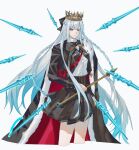  1girl black_bow blue_eyes blue_hair bow braid cape capelet closed_mouth commentary_request cowboy_shot cropped_legs crown fate/grand_order fate_(series) fur-trimmed_capelet fur_trim fuyotan gradient_hair hair_bow highres holding holding_scepter layered_skirt long_hair long_sleeves looking_at_another morgan_le_fay_(fate) morgan_le_fay_(student_council_president)_(fate) multicolored_hair multiple_expressions official_alternate_costume sailor_collar scepter shirt side_cape simple_background skirt solo spikes twin_braids two-sided_cape two-sided_fabric very_long_hair white_background white_shirt 