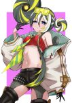  1girl bare_shoulders black_gloves black_hair black_shorts black_thighhighs blonde_hair blue_eyes breasts coat commentary cowboy_shot duel_monster eld_pld garter_straps gloves groin hair_between_eyes hair_bun half_gloves hand_up highres huge_hair_bun kewl_tune_reco long_hair long_sleeves looking_at_viewer midriff multicolored_hair navel necktie off_shoulder open_clothes open_coat parted_lips red_tube_top short_shorts shorts sidelocks small_breasts solo standing strapless thighhighs tube_top white_coat white_hair yellow_necktie yu-gi-oh! 