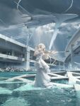  1girl 3d_background airfish_(lefko_d) arms_up blonde_hair blue_eyes commentary day dress elevated_highway english_commentary floating_hair highres highway light_rays long_hair looking_at_viewer original outdoors overcast own_hands_clasped own_hands_together scenery science_fiction sky solo spacecraft sunbeam sunlight tetrapod water white_dress wide_shot 