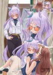  2girls absurdres animal_ears aqua_bow artist_logo belt belt_buckle black_pants blue_shirt blush bow brown_belt brown_hair buckle carrying changing_room chibi chibi_inset closed_mouth commentary_request ear_bow hair_down hand_on_own_hip highres horse_ears horse_girl jtleeklm logo long_hair looking_at_another mejiro_mcqueen_(umamusume) multicolored_hair multiple_girls one_eye_closed open_mouth orange-tinted_eyewear pants ponytail princess_carry purple_eyes purple_hair purple_tail shirt smile socks streaked_hair tinted_eyewear tokai_teio_(umamusume) umamusume undershirt white_pants white_shirt white_socks white_streaks 