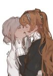  2girls absurdres argyle_clothes argyle_hairband black_hairband black_shirt blush chinese_commentary collared_shirt commentary dated freckles grey_hair hairband half-closed_eyes hand_on_another's_neck high_collar highres kiss long_hair looking_at_another multicolored_hairband multiple_girls open_mouth orange_hair qian. reverse:1999 shirt short_hair signature sonetto_(reverse:1999) tongue twintails two-tone_hairband upper_body vertin_(reverse:1999) white_hairband white_shirt yuri 