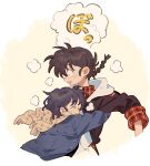 1boy 1girl ^_^ black_jacket blue_hair blue_jacket blush braid brown_hair chinese_commentary closed_eyes commentary_request height_difference hetero highres hug jacket open_mouth plaid_clothes plaid_scarf ranma_1/2 saotome_ranma saotome_ranma_(male) scarf short_hair single_braid siyer smile tearing_up tendou_akane wide-eyed yellow_scarf 