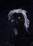  anthro black_body black_clothing black_fur black_topwear blue_eyes blue_nose bust_portrait clothed clothing female front_view fur glistening glistening_eyes hair hi_res himeragoldtail mouth_closed portrait simple_background solo topwear whiskers white_hair 