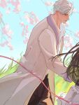  1boy 1girl adam's_apple black_pants brown_hair chinese_commentary coat collared_shirt commentary_request contrast_lapels day dress_shirt from_side green_jacket grey_coat jacket lapels long_hair looking_at_another love_and_deepspace nose official_alternate_costume pants parted_lips protagonist_(love_and_deepspace) red_eyes shirt short_hair skirt sylus_(love_and_deepspace) sylus_(where_hearts_live)_(love_and_deepspace) watermark weibo_username weibo_watermark white_hair white_shirt white_skirt zhishuo418 