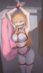  1girl absurdres armpits arms_up ball_gag bdsm blonde_hair blue_eyes bondage borrowed_character bound bound_arms bound_legs bra breasts collar commentary crotch_rope drooling egg_vibrator english_commentary gag gagged highres large_breasts long_hair looking_at_viewer miss_manager_(harris_hero) navel original pantyhose sex_toy shibari shibari_over_clothes solo standing stomach tetsuffy_(tetsulul) underwear vibrator wardrobe white_bra white_pantyhose 