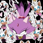  2girls :d :o ;) ;d absurdres animal_ears arms_under_breasts bare_shoulders bat_ears bat_girl bat_wings black_background black_bodysuit blaze_the_cat blue_eyeshadow blue_hair blush bodysuit boots bracelet breasts butterrrmoth cat_ears cat_tail claw_pose cleavage closed_eyes closed_mouth commentary crossed_arms elbow_gloves eyelashes eyeshadow forehead_jewel furry furry_female gloves hand_on_own_hip high_heel_boots high_heels highres jacket jewelry large_breasts makeup multiple_girls multiple_views one_eye_closed open_mouth purple_fur purple_jacket ring rouge_the_bat smile sonic_(series) tail teeth thigh_boots w white_boots white_fur white_gloves wings yellow_eyes yuri 
