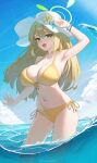  1boy 1girl absurdres arm_up armpits bikini blonde_hair blue_archive breasts chinese_commentary commentary_request doodle_sensei_(blue_archive) flower green_eyes green_halo halo halterneck happy05x hat hat_flower highres huge_breasts long_hair looking_at_viewer mixed-language_commentary mountainous_horizon navel nonomi_(blue_archive) nonomi_(swimsuit)_(blue_archive) ocean official_alternate_costume open_mouth partial_commentary partially_submerged revision sensei_(blue_archive) side-tie_bikini_bottom sideboob solo stomach string_bikini sun_hat swimsuit triangle_bikini_top very_long_hair white_hat yellow_bikini yellow_flower 