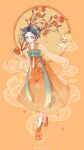  1girl absurdres ahoge animal black_hair bow bowtie branch brown_eyes cat chinese_commentary cloak closed_mouth clothed_animal collarbone commentary_request double_bun ear_covers flower food food_print forehead fruit full_body green_eyes green_flower hair_bun hair_flower hair_ornament happy highres holding holding_plate hood hood_up hooded_cloak long_sleeves momo_(nikki) nikki_(series) orange_background orange_hanfu orange_shoes orange_theme osmanthus pawpads persimmon persimmon_blessing_(shining_nikki) plate print_hanfu red_bow red_bowtie round_window shining_nikki shoes short_hair sleeves_past_fingers sleeves_past_wrists smile solid_oval_eyes sparkle tiptoes traditional_bowtie watermark weibo_watermark white_cat white_flower window xiangyun xiaoyu_qixing yellow_cloak 