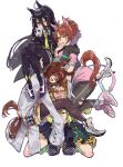  4girls agnes_tachyon_(tach-nology)_(umamusume) agnes_tachyon_(umamusume) ahoge animal_ears bandeau black_coat black_gloves black_hair black_leggings black_necktie black_pantyhose black_shirt black_shrug black_skirt blush breasts brown_eyes brown_hair checkered_ribbon coat coffee_mug collared_shirt commentary_request cork cup dantsu_flame_(center_spotlight)_(umamusume) dantsu_flame_(umamusume) ear_covers ear_ribbon ear_tag earrings gloves green_socks hair_between_eyes hair_ornament hairband hairclip hakusai_0815 highres holding holding_cup horse_ears horse_girl horse_tail jacket jam_(umamusume) jewelry jungle_pocket_(champion's_battle_cry)_(umamusume) jungle_pocket_(umamusume) lab_coat large_breasts leggings leggings_under_shorts long_bangs long_hair long_hair_between_eyes long_sleeves manhattan_cafe_(creeping_shadow)_(umamusume) manhattan_cafe_(umamusume) medium_hair midriff mug multicolored_hair multiple_girls navel necktie one_eye_closed open_mouth pantyhose pink_hairband pink_shorts red_eyes shirt shoes short_necktie shorts shrug_(clothing) single_earring skirt sleeves_past_fingers sleeves_past_wrists smile socks steel-toe_boots sweater sweater_vest tail teeth test_tube tied_shirt torn_clothes torn_leggings umamusume umamusume:_beginning_of_a_new_era white_coat white_hair yellow_bandeau yellow_eyes yellow_jacket yellow_necktie yellow_sweater yellow_sweater_vest 