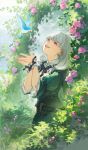  1girl animal arch bird blue_bird bush cape collared_dress commentary_request commission dress final_fantasy final_fantasy_xiv floral_arch flower framed_breasts green_cape green_dress hands_up herayoshi highres long_hair looking_up nature open_mouth outdoors pink_flower puffy_sleeves purple_eyes short_sleeves skeb_commission smile solo teeth upper_teeth_only white_hair 