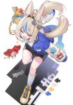  1girl absurdres ahoge alternate_costume animal_ear_fluff animal_ears bag black_shorts blonde_hair blue_bow blue_eyes blue_jacket blue_streaks blush bow cat_ears character_name commentary crab doom_yorusen fang fins fish fish_girl fish_tail from_above full_body hair_bow hair_intakes highres holding holding_bag indie_virtual_youtuber jacket kaniki_(sameko_saba) lifebuoy_hair_ornament long_hair long_sleeves looking_at_viewer low_twintails multicolored_hair open_clothes open_jacket open_mouth paper_boat sameko_saba shirt shoes shorts simple_background sneakers socks standing streaked_hair striped_bow tail twintails virtual_youtuber white_background white_bow white_shirt white_socks yellow_bag yellow_shoes 