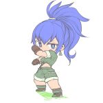  1girl blue_eyes blue_hair boots chibi earrings gloves green_jacket green_shorts jacket jewelry kunimitsudx leona_heidern midriff military military_uniform ponytail shorts simple_background solo suspenders the_king_of_fighters the_king_of_fighters_xv triangle_earrings uniform white_background 