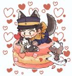  3boys animal_ears animalization black_eyes black_hair black_pants blue_jacket blush_stickers brown_cloak brown_hat brown_scarf cat cloak commentary_request cookie dog_boy dog_ears dog_tail food fur-trimmed_headwear fur_trim golden_kamuy hat heart jacket kepi ma9l4raa male_focus military_hat military_uniform multiple_boys ogata_hyakunosuke pants peaked_cap pouch scar scar_on_cheek scar_on_face scarf short_hair simple_background snow_leopard solid_eyes sugimoto_saichi sweat tail vasily_(golden_kamuy) white_background yellow_eyes yellow_scarf 