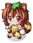  1girl animal_ears black_sandals blush brown_hair brown_skirt chibi chibi_only closed_mouth commentary_request full_body futatsuiwa_mamizou glasses hair_between_eyes hands_on_own_hips jug_(bottle) leaf leaf_on_head looking_at_viewer raccoon_ears raccoon_girl raccoon_tail red_eyes round_eyewear sandals shinjitsu shirt short_hair short_sleeves simple_background skirt smile solo standing tail touhou white_background yellow_shirt 