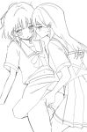  2girls bang_dream! bang_dream!_it's_mygo!!!!! blush clothes_lift commentary drooling ear_blush fingering greyscale hanasakigawa_school_uniform heterochromia highres kaname_raana mole mole_under_eye monochrome multiple_girls open_mouth pleated_skirt pokoroo09637184 purple_eyes school_uniform shiina_taki shirt short_sleeves skirt skirt_lift yuri 