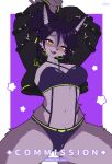  1girl :d animal_ears arms_up black_jacket blush bra breasts commentary ear_piercing english_commentary face_piercing furry furry_female highres jacket kneeling long_sleeves looking_at_viewer medium_breasts mo_(k40633) navel nose_piercing open_clothes open_jacket open_mouth original panties piercing purple_background purple_bra purple_hair purple_panties short_hair simple_background smile snout solo stomach thighs underwear yellow_eyes 