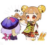  2girls :d arm_up backpack_basket bag bell bloomers blunt_bangs blush bow bow-shaped_hair braid braided_ponytail brown_dress brown_eyes brown_hair commentary_request cowboy_shot cropped_legs double-parted_bangs dress emphasis_lines facing_away genshin_impact gradient_sleeves green_jacket hair_bell hair_ornament hat hat_tassel highres holding holding_detached_hair jacket jingle_bell long_hair long_sleeves looking_at_another medium_hair multiple_girls naturally_detached_hair nervous_sweating ofuda ofuda_on_head oooma_155 open_mouth purple_hair purple_hat qingdai_guanmao qiqi_(genshin_impact) red_bow sack short_eyebrows sidelocks simple_background smile standing stuffed_animal stuffed_rabbit stuffed_toy sweat tassel upper_body white_background yaoyao_(genshin_impact) yuegui_(genshin_impact) 