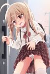  1girl ahoge backpack bag black_bag blonde_hair blush bow bowtie check_commentary clothes_lift commentary_request door embarrassed hands_up highres holding_own_hair lifting_own_clothes long_hair long_sleeves miniskirt open_mouth original outdoors panties pee peeing peeing_self plaid_clothes plaid_skirt pleated_skirt polka_dot polka_dot_panties randoseru red_bow red_bowtie red_eyes red_skirt ri-net sailor_collar sailor_shirt school_uniform serafuku shirt skirt skirt_lift solo tearing_up tears thighhighs translation_request two_side_up underwear white_panties white_sailor_collar white_shirt white_thighhighs 