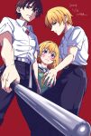  1girl 2boys baseball_bat belt black_pants blonde_hair blush brother_and_sister brown_belt brown_hair commentary_request dated dress from_below green_dress higurashi_no_naku_koro_ni holding holding_baseball_bat houjou_satoko houjou_satoshi looking_at_viewer maebara_keiichi multiple_boys neckerchief onuma_kuma pants purple_eyes red_background sailor_collar sailor_dress school_uniform shirt short_sleeves siblings signature simple_background white_belt white_sailor_collar white_shirt yellow_neckerchief 