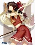  1girl absurdres ascot bow brown_eyes brown_hair chest_sarashi closed_mouth commentary detached_sleeves english_commentary frilled_bow frilled_hair_tubes frilled_skirt frills gohei hair_bow hair_tubes hakurei_reimu highres holding holding_gohei long_hair looking_at_viewer midriff neat_ad4816 red_bow red_skirt redrawn ribbon-trimmed_sleeves ribbon_trim sarashi skirt skirt_set solo touhou yellow_ascot 