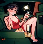  1girl absurdres ahoge alcohol black_hair bracelet breasts car_interior champagne collarbone commentary cup dress earrings english_commentary friedbaens glasses high_heels highres holding holding_cup jewelry looking_at_viewer nail_polish no_bra original red_dress red_nails rimless_eyewear round_eyewear short_hair sitting sleeveless sleeveless_dress small_breasts smile solo spaghetti_strap toenail_polish toenails 