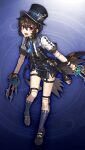  1girl :d androgynous black_hat black_shoes blue_necktie blue_socks brown_hair claw_(weapon) doll_joints full_body game_asset grimms_notes hat holding holding_weapon joints looking_at_viewer necktie non-web_source official_art open_mouth pinocchio_(grimms_notes) purple_eyes sacanahen shoes short_hair short_sleeves smile socks solo standing standing_on_one_leg steampunk thigh_strap top_hat watermark weapon 
