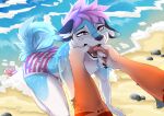  all_fours anthro beach blue_body blue_fur bodily_fluids canid canine canis clothing curled_tail domestic_dog dominant dominant_pov drooling ears_down finger_in_mouth first_person_view fish_hooking fur girly heiko_(heikohusky) husky kidaoriginal male male/male mammal mawplay nordic_sled_dog pivoted_ears saliva seaside solo spitz submissive swimming_trunks swimwear tongue tongue_grab tongue_out 