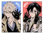 2boys adjusting_eyewear black_gloves blue_background border commentary crow_armbrust eiyuu_densetsu fur_collar glasses gloves grin highres jewelry long_hair looking_at_viewer male_focus mullet multiple_boys necklace notice_lines one_eye_closed open_mouth pendant pink_background purple_eyes rean_schwarzer red_eyes sen_no_kiseki_(series) sen_no_kiseki_iv short_hair smile toramaru_(696anna) tsurime untranslatable_commentary upper_body v-shaped_eyebrows white_border white_hair 