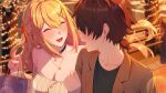  1boy 1girl bag black_choker black_shirt blonde_hair breasts choker cleavage closed_eyes collarbone faceless faceless_male fangs game_asset hair_ribbon highres holding holding_another's_arm holding_bag jewelry large_breasts long_hair long_sleeves necklace non-web_source off-shoulder_sweater off_shoulder official_art open_mouth pendant red_ribbon ribbon s.u._(simpleu818) self-datamine shinonome_ayano shirt shopping_bag smile summer_clover sweater 
