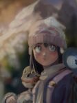  1girl beanie black_eyes black_hair blurry blurry_background bright_pupils coat commentary dawn_(pokemon) eyelashes hat highres long_hair long_sleeves looking_up niloy pidove piplup pokemon pokemon_(creature) pokemon_diamond/pearl/platinum pokemon_on_arm pokemon_on_back poketch scarf upper_body watch wristwatch 