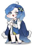  1girl :d ahoge asia_(trickcal) blue_eyes blue_hair blue_jacket blue_shirt blue_shoes chibi coat coat_on_shoulders commentary_request fang food-themed_hair_ornament fur_coat gold_trim hair_ornament half-closed_eyes highres ice_cream_hair_ornament jacket korean_commentary no_pants samsick shirt shoes simple_background smile snowflake_print solo standing trickcal white_background white_jacket 