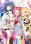  3girls absurdres belt bike_shorts black_bow black_shirt blonde_hair blue_hair blue_shirt blue_skirt blurry blurry_foreground blush bow braid breasts cable_knit chain chain_necklace closed_eyes collared_shirt commentary_request confetti crossed_bangs denim denim_skirt earrings fang fujita_kotone gakuen_idolmaster glowstick green_eyes grin hair_between_eyes hair_ornament hajime_(idolmaster) hanami_saki heart heart_earrings heart_hair_ornament highres hoop_earrings idolmaster jacket jewelry kirizuki_reika locked_arms looking_at_another looking_at_viewer looking_to_the_side medium_hair midriff_peek multiple_girls necklace one_eye_closed open_mouth plaid_clothes plaid_socks re;iris_(idolmaster) red_hair red_sweater shirt shoes shorts shorts_under_skirt skin_fang skirt small_breasts smile socks stage_lights standing standing_on_one_leg streamers sweat sweater swept_bangs triangle_earrings tsukimura_temari twin_braids two_side_up white_jacket white_shirt white_skirt white_sweater yellow_eyes yellow_nails yellow_shoes 